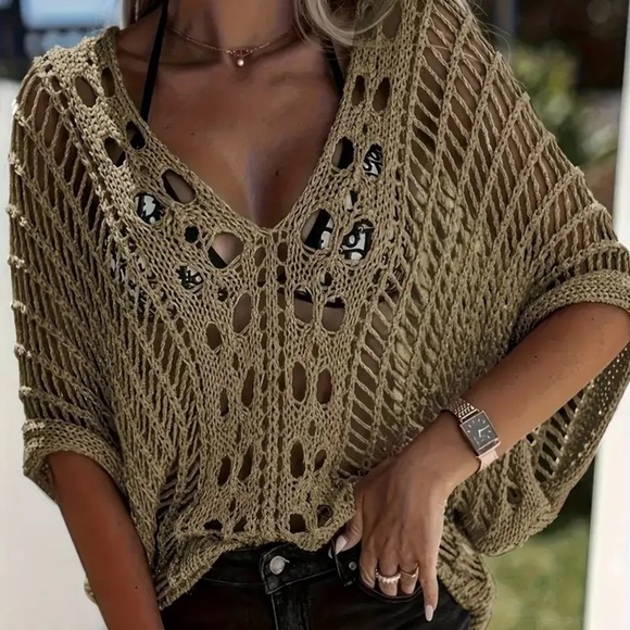 99. Solid Color Hollow Out V-neck Top, Versatile Batwing Sleeve Loose Knitted - Picture 2 of 3